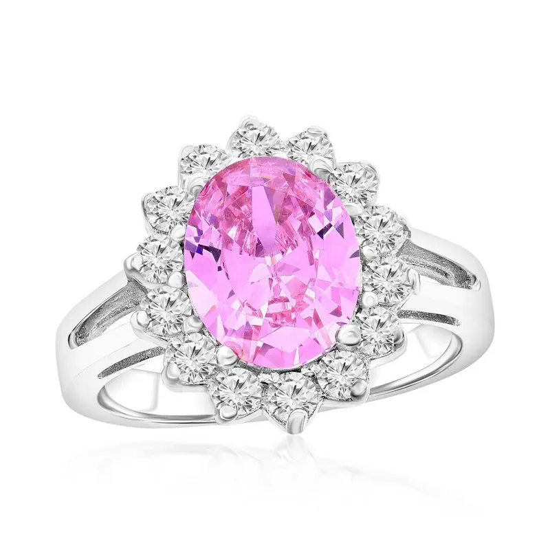 Sterling Silver Oval Pink and Clear CZ Engagement Ring