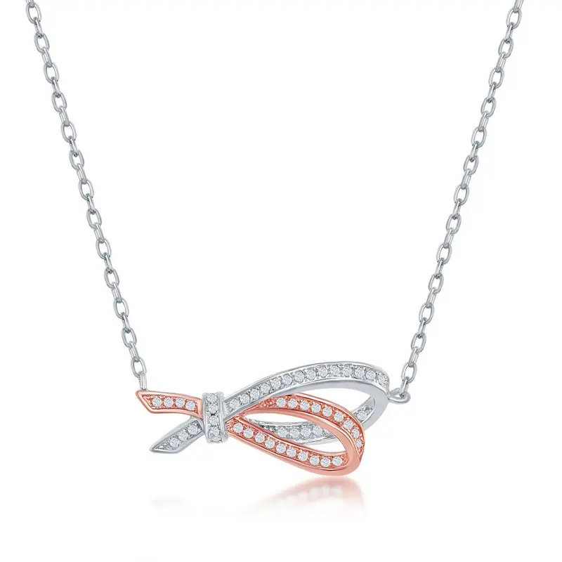 Sterling Silver Rose Gold Plated Micro Pave Double Ribbon Necklace
