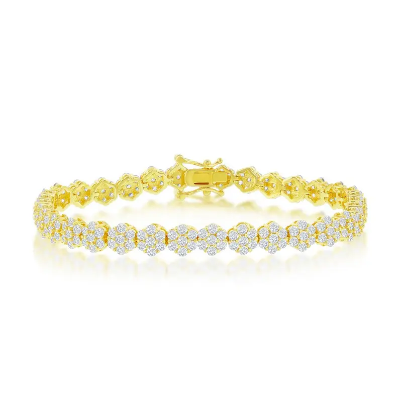 Sterling Silver, Flower Design CZ 6mm Tennis Bracelet - Gold Plated