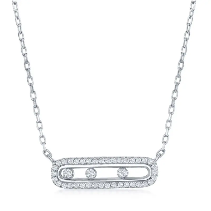 Sterling Silver Rectanlge with Sliding Bezel-set CZ's Necklace
