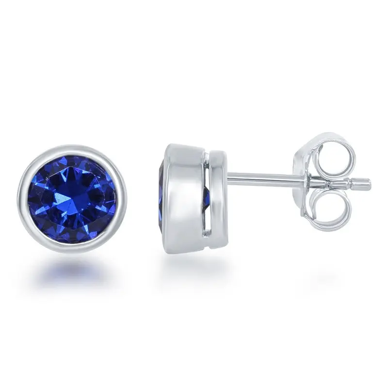 Sterling Silver, "September" Bezel Set Studs - Created Sapphire