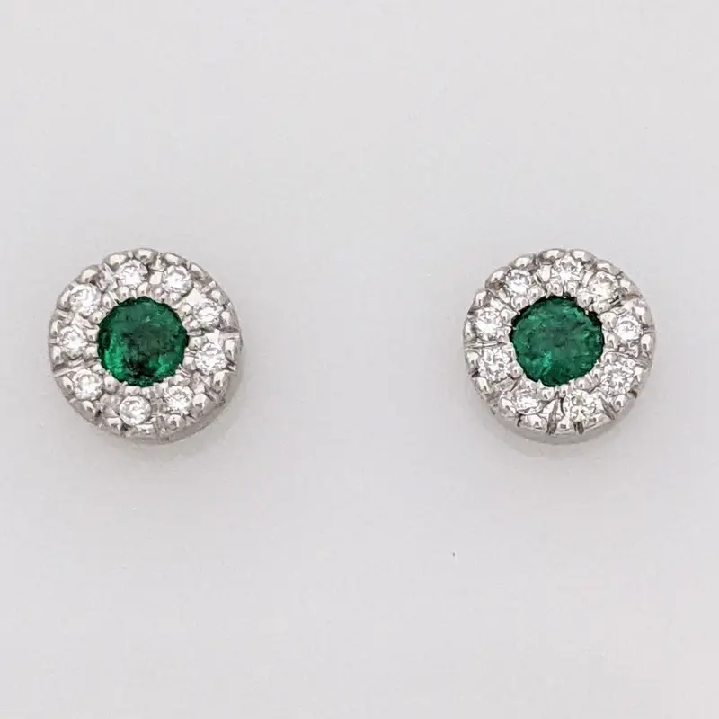 18K WHITE EMERALD ROUND 2.5MM WITH MELEE HALO ESTATE STUD EARRINGS 2.4 GRAMS