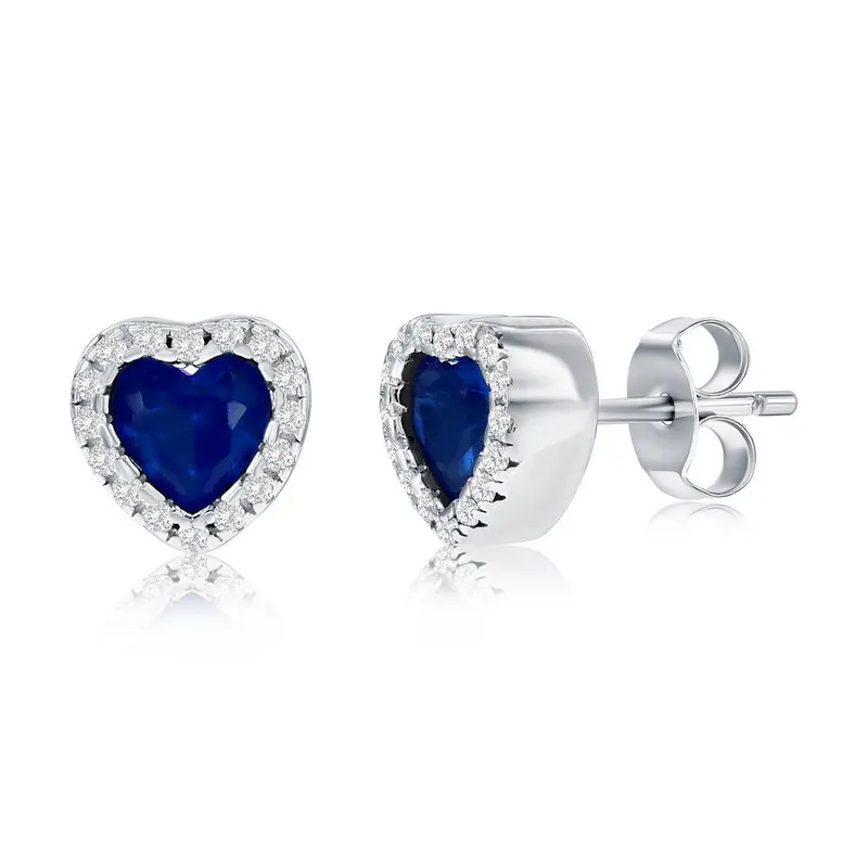 Sterling Silver, CZ Heart Stud Earrings - Sapphire