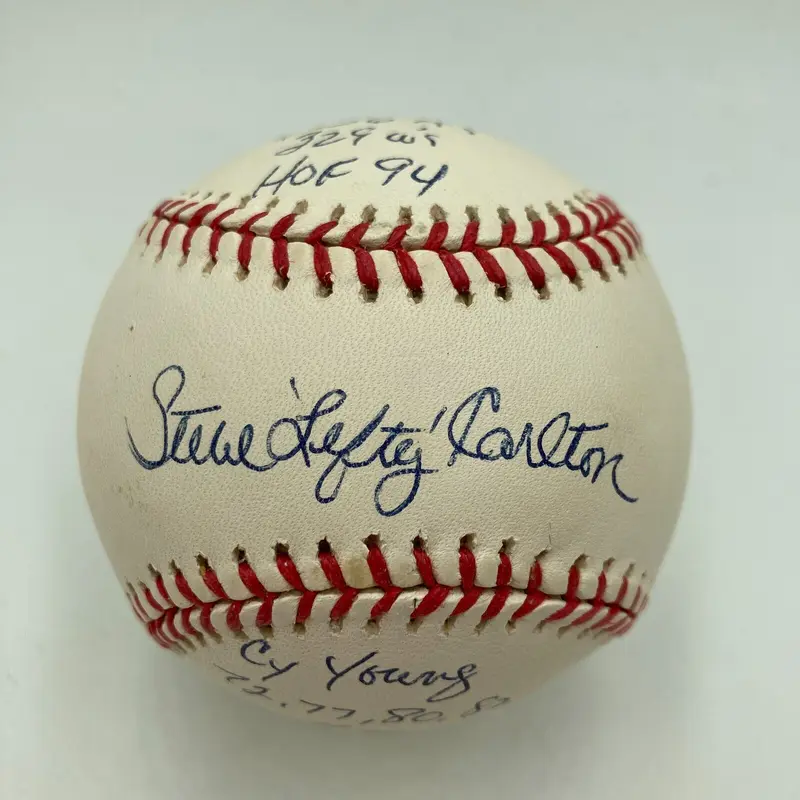 Steve Carlton Signed Heavily Inscribed STAT National League Baseball Beckett
