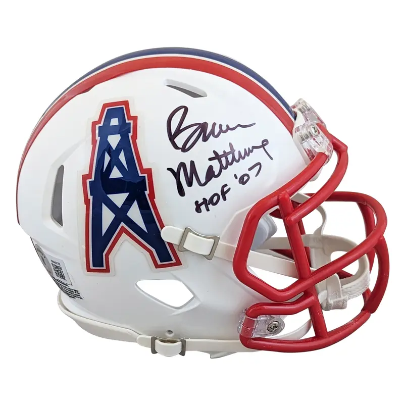 Oilers Bruce Matthews "HOF 07" Signed 81-98 TB Speed Mini Helmet BAS Wit