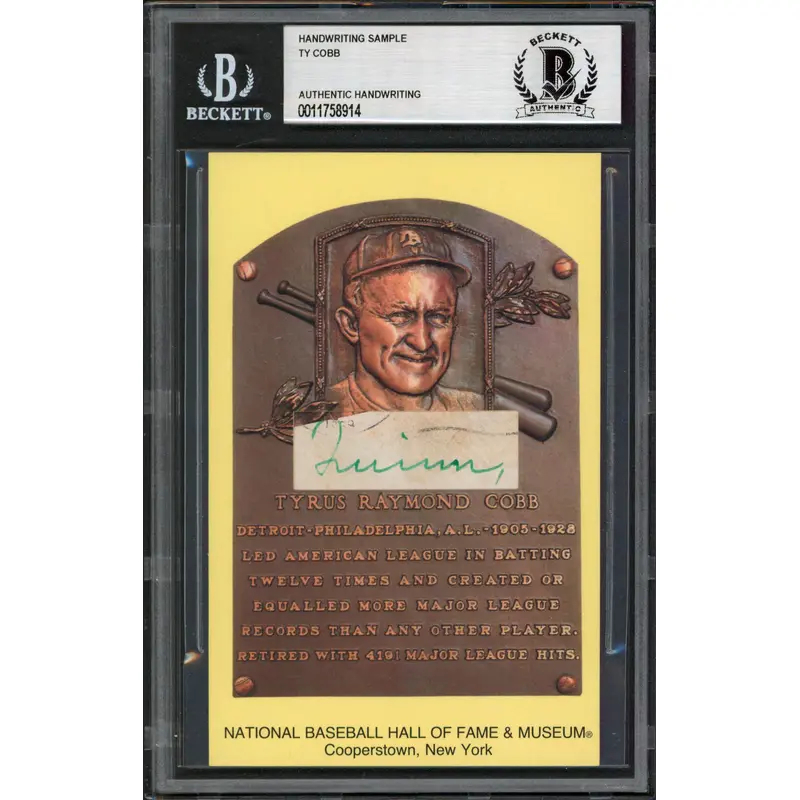 Tigers Ty Cobb Writing Sample 3.5x5.5 HOF Plaque Postcard BAS Slabbed 21