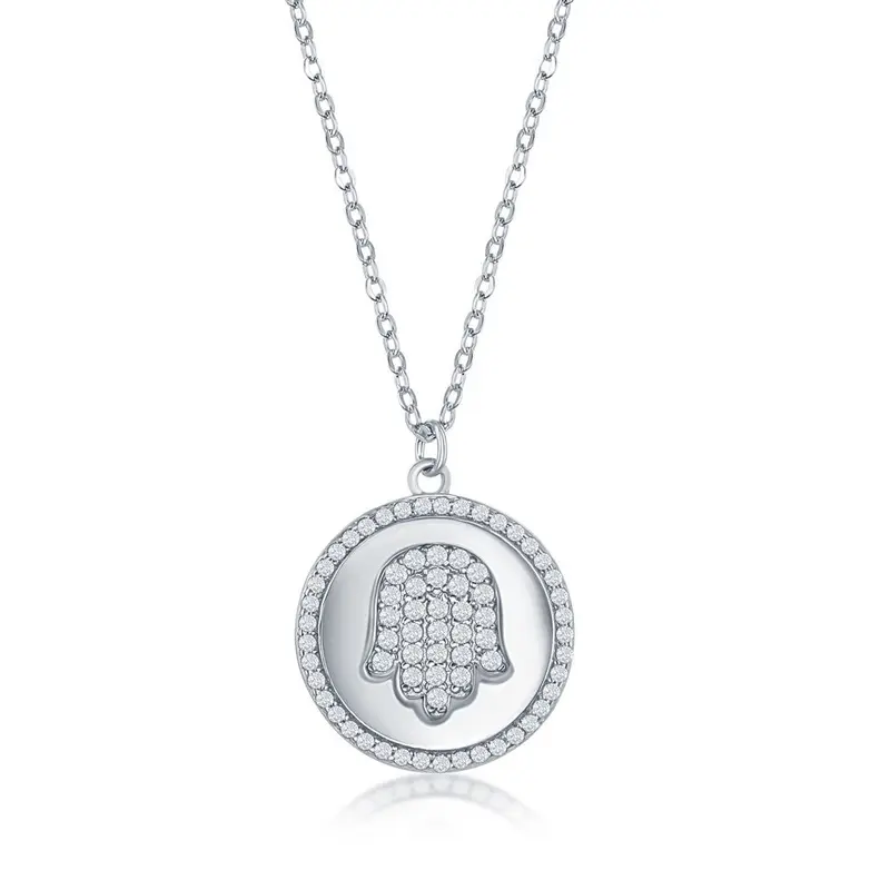 Sterling Silver Micro Pave CZ Disc Necklace - Hamsa