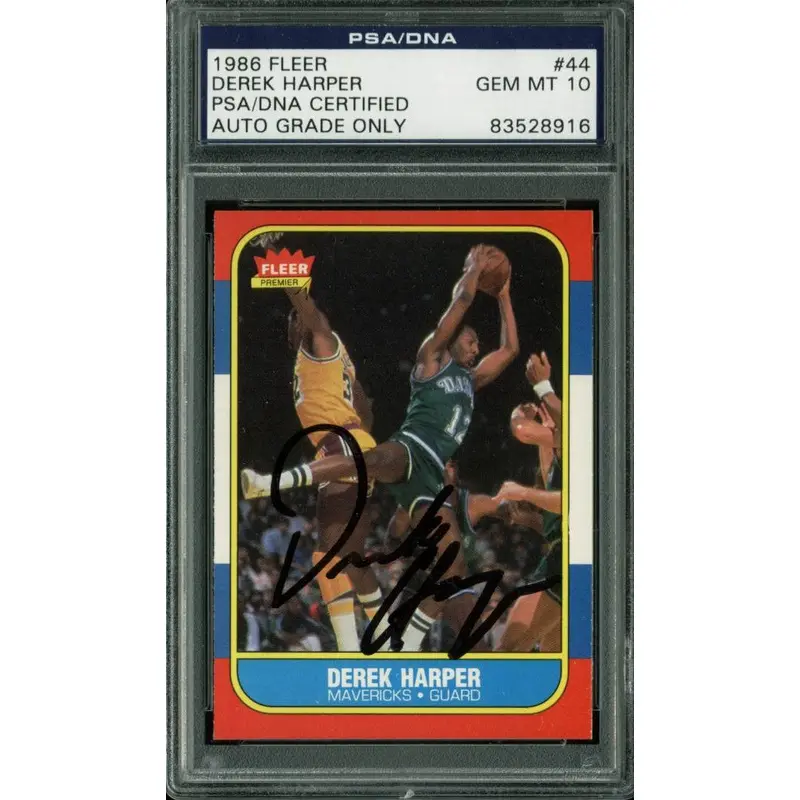 Mavs Derek Harper Signed Card 1986 Fleer #44 Auto Graded Gem Mint 10 PSA Slabbed