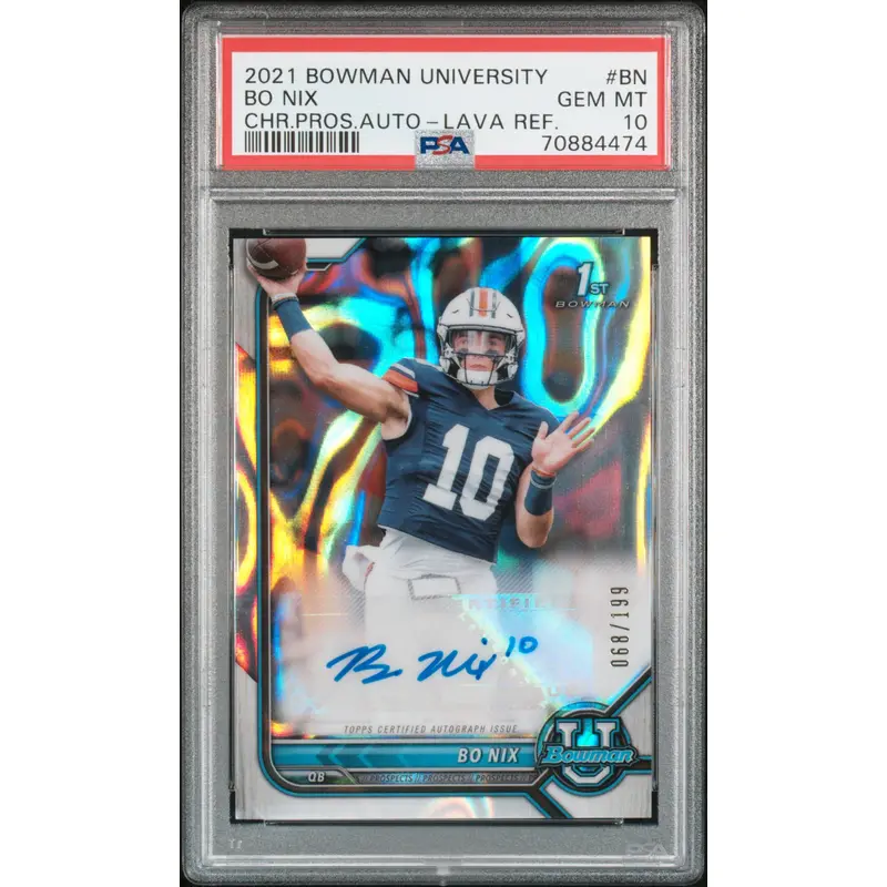 Bo Nix 2021 Bowman University Chrome Lava Autograph #68/199 PSA 10 Gem Mint