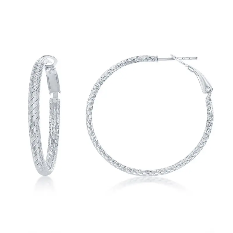 Sterling Silver 35mm Grid-Like Design Hoop Earrings