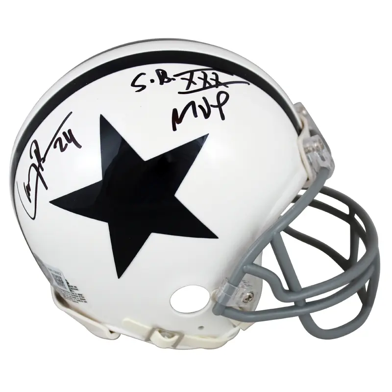 Cowboys Larry Brown "SB XXX MVP" Signed 2004 Throwback Rep Mini Helmet BAS Wit
