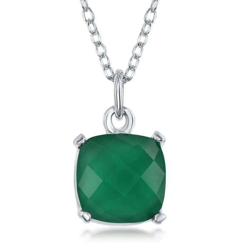 Sterling Silver 'August Birthstone' Square green agate Necklace