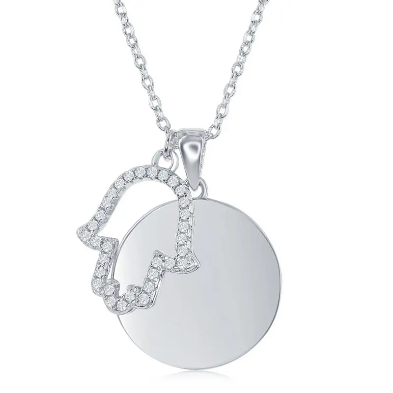 Sterling Silver Shiny Disc with Open CZ Hamsa Necklace