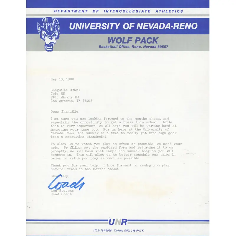 1988 University of Nevada-Reno Shaquille O'Neal Recruitment Letter