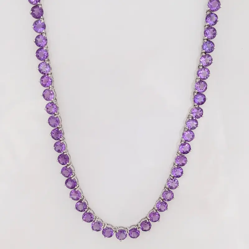 14K WHITE AMETHYST ROUND (78) 5MM ESTATE NECKLACE 26.9 GRAMS