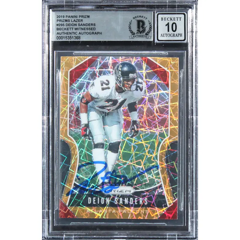 Deion Sanders Signed 2019 Panini Prizm Lazer #295 Card Auto 10! BAS Slabbed