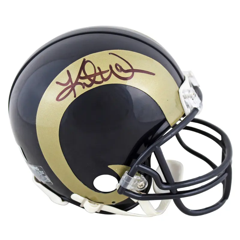Rams Kurt Warner Authentic Signed Gold Horn Rep Mini Helmet BAS Witnessed