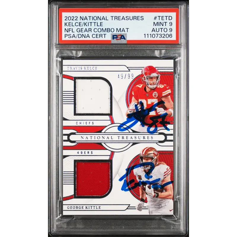 Travis Kelce & George Kittle Signed 2022 NT GC Mat #TETD Card Grade 9 PSA Slab 2