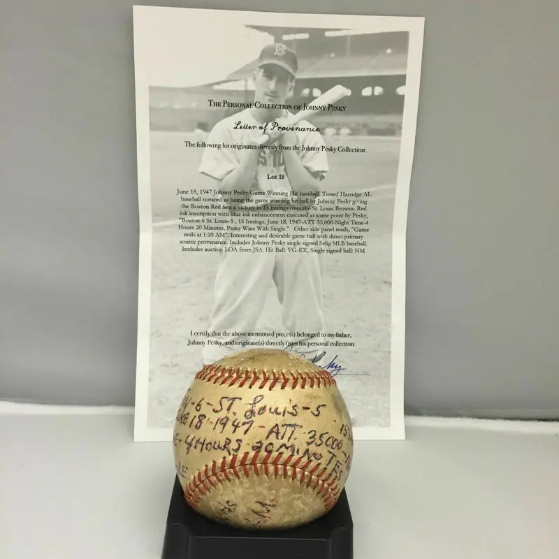 Incredible Johnny Pesky Game Winning Hit Game Used Baseball From June 18, 1947