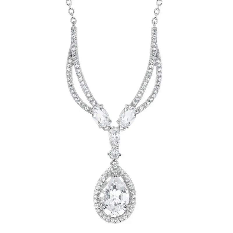 Sterling Silver 3.569 cttw White Topaz Teardrop with White Topaz Border Necklace