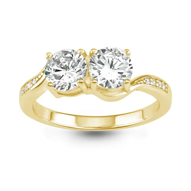 Sterling Silver GP "Us2gether" 6mm Round Two-Stone CZ with Half CZ Band Ring