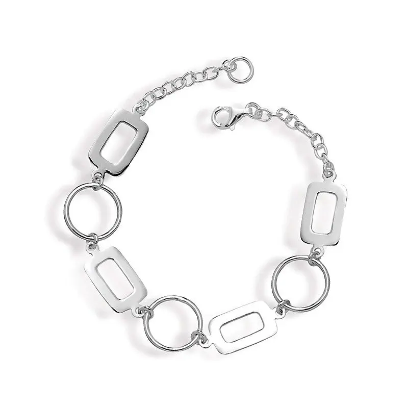 Sterling Silver Open Circles and Rectangles Alternating Link Bracelet
