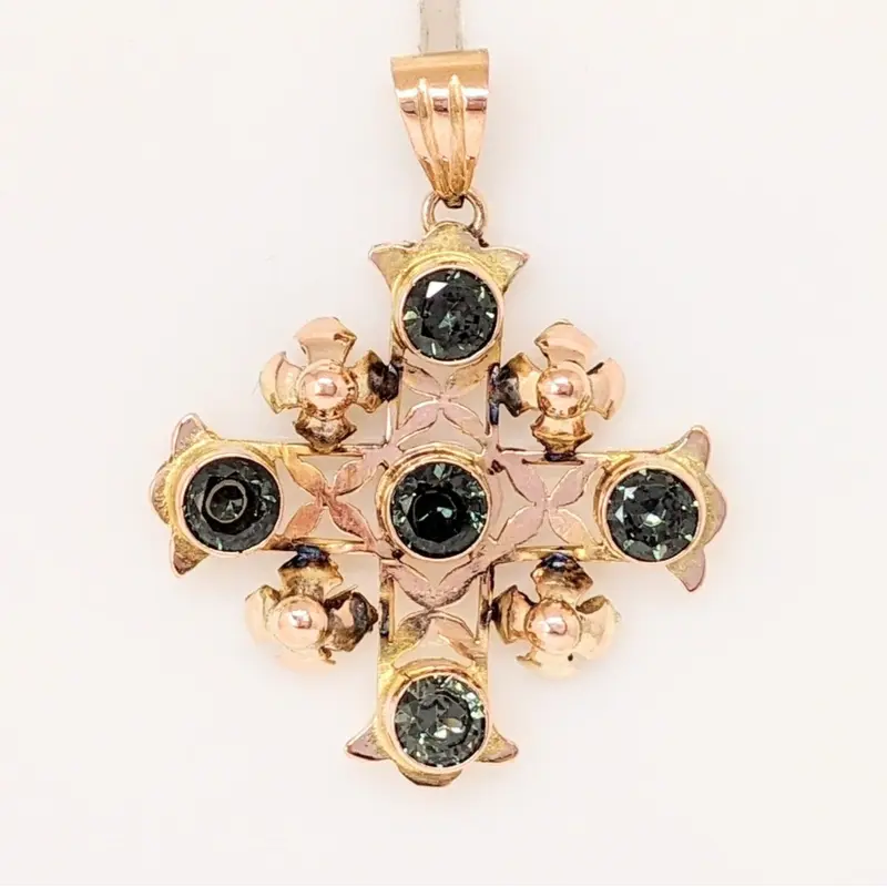 14K GREEN SPINEL ROUND (5) 5MM ESTATE CROSS PENDANT 7.0 GRAMS