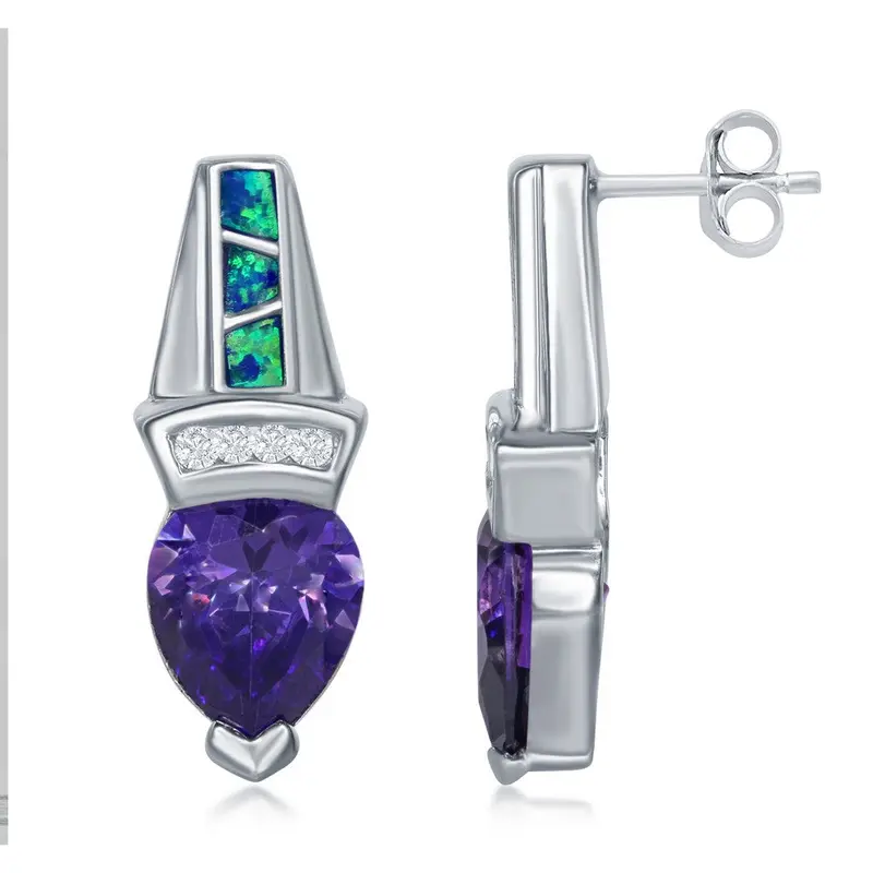 Sterling Silver Blue Inlay Opal w/ CZ Bar and Large Pear Shaped Amethyst CZ Earrings