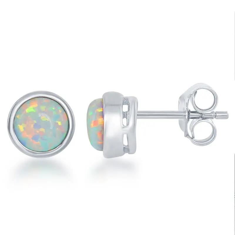 Sterling Silver, "October" Bezel Set Studs - White Opal