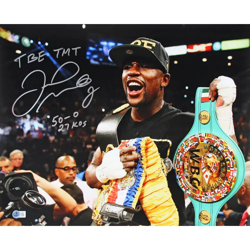Floyd Mayweather "TBE, TMT, 50-0, 27 KOs" Signed 16x20 Photo BAS #BP00961