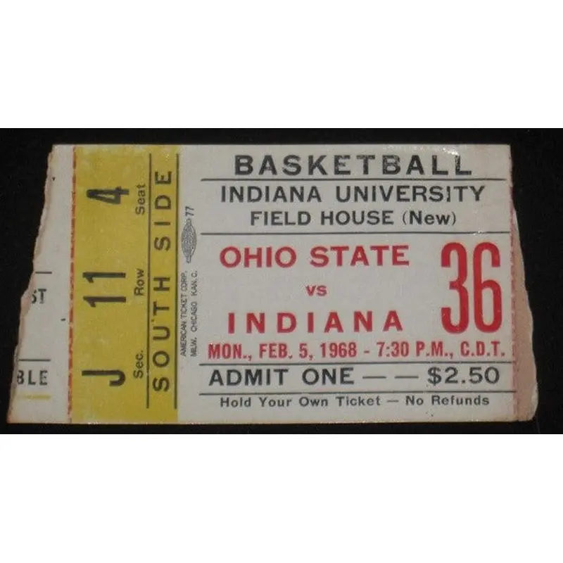 1968 OHIO STATE VS INDIANA UNIVERSITY BASKETBALL TICKET STUB
