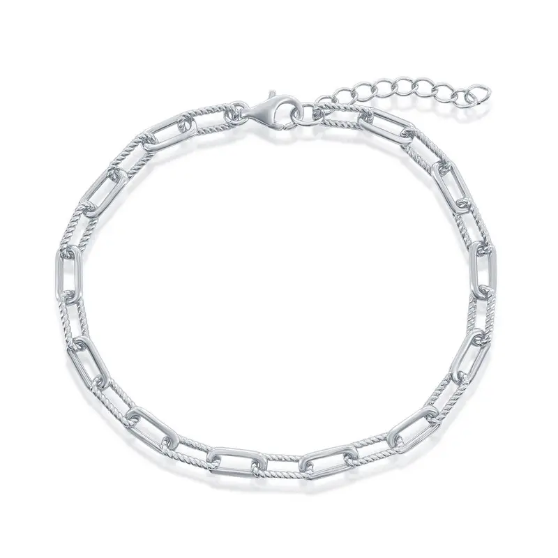 Sterling Silver Polished & Rope Design Paperclip Bracelet
