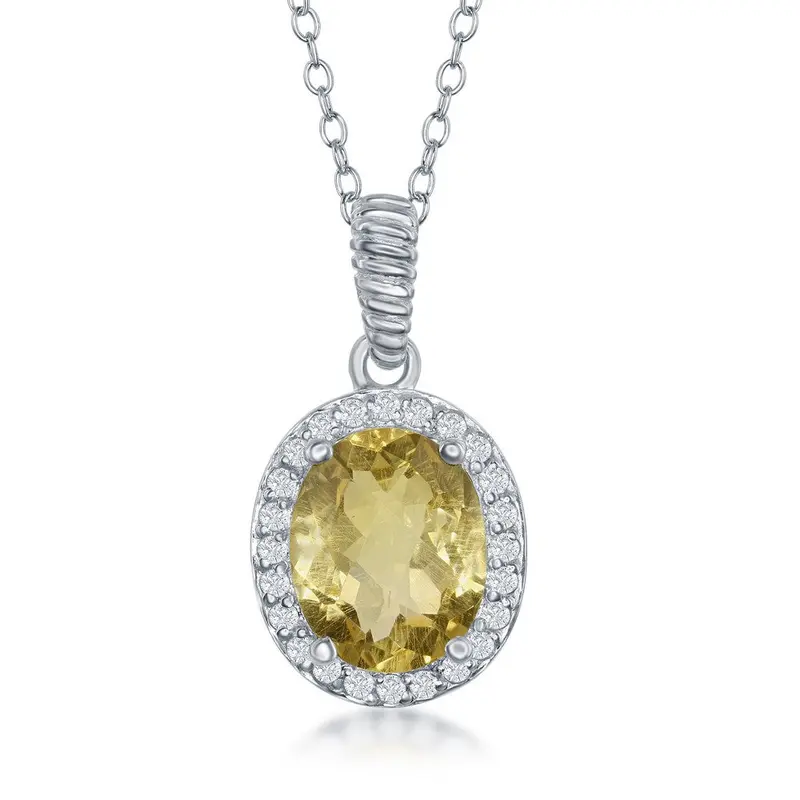 Sterling Silver Oval Citrine with White Topaz Boder Necklace