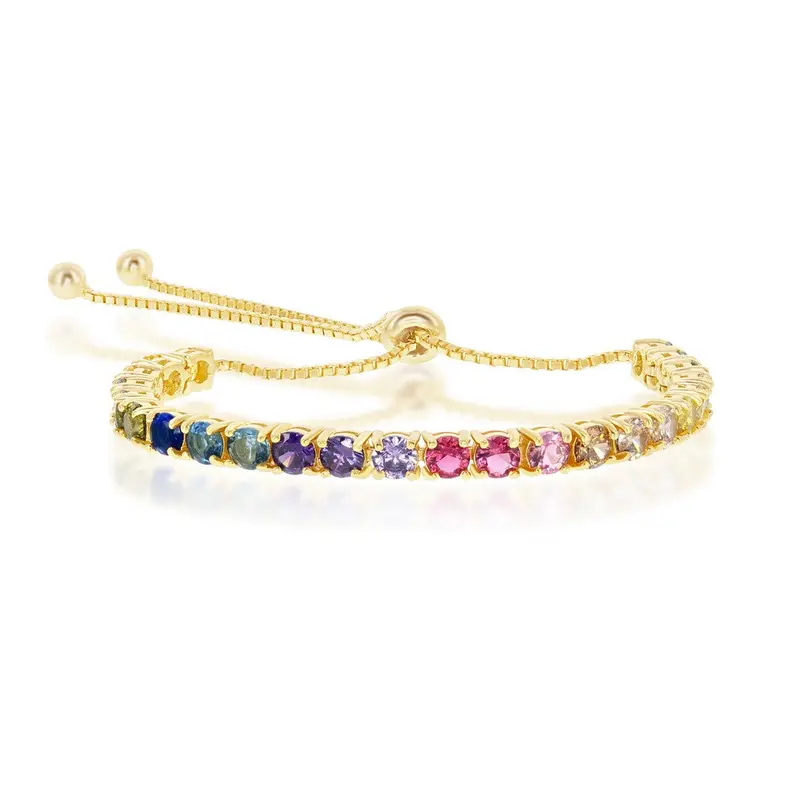Sterling Silver Rainbow CZ 4mm Adjustable Bolo Bracelet - Gold Plated