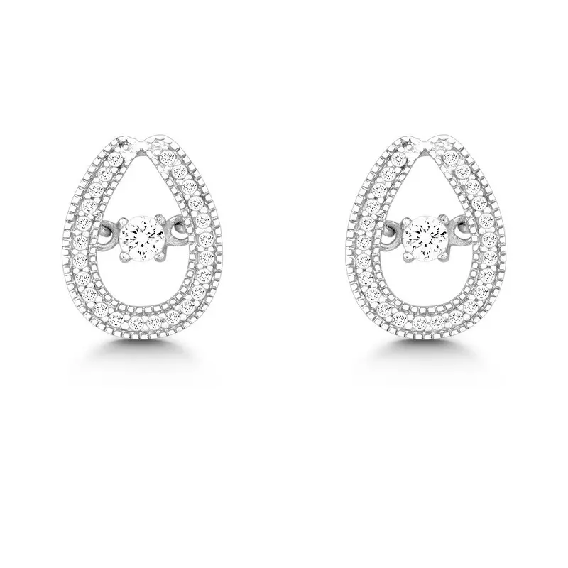 Sterling Silver Micro Pave with Center Dancing/Shimmering CZ Tearshaped Earrings