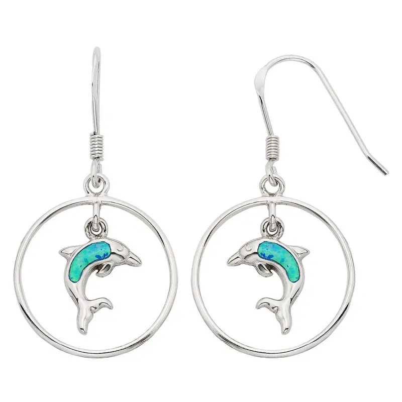 Sterling Silver Open Circle w/Dangling Opal Dolphin Earrings