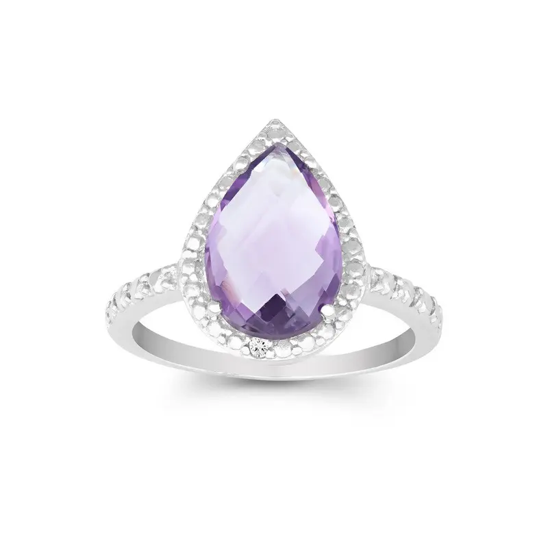 Sterling Silver Diamond with Gem Large Teardrop Ring - Amethyst