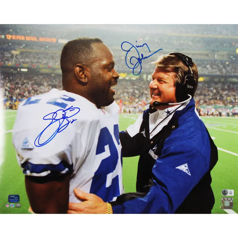 Cowboys Emmitt Smith & Jimmy Johnson Authentic Signed 16x20 Photo BAS Witnessed