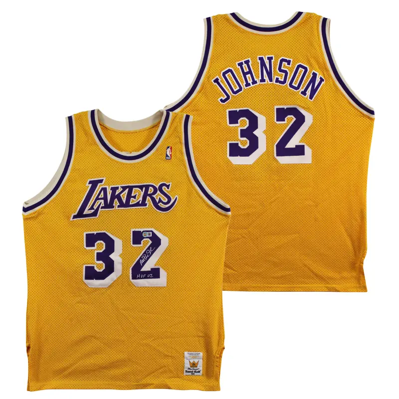 Lakers Magic Johnson "HOF 02" Signed Yellow MacGregor Sand-Knit Jersey BAS Wit 1