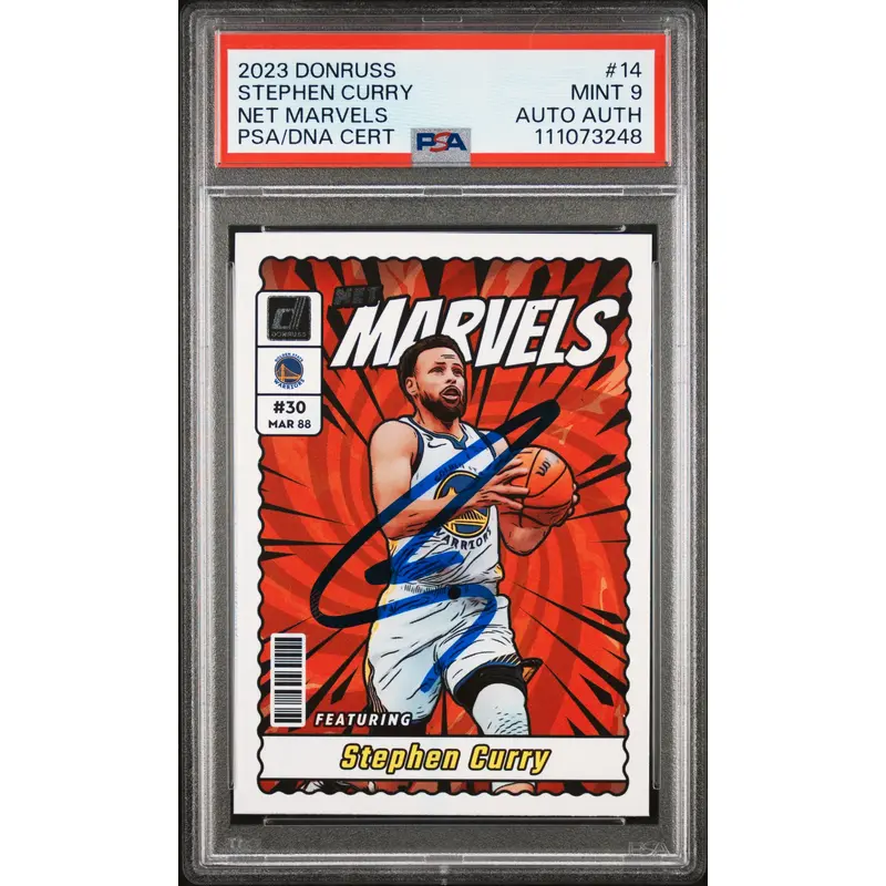 Warriors Stephen Curry Signed 2023 Donruss Net Marvels #14 Card Grade 9 PSA Slab