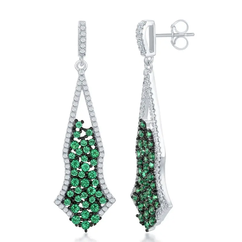Sterling Silver Long Green CZ and Black Plating Center w/ White CZ Border Earrings