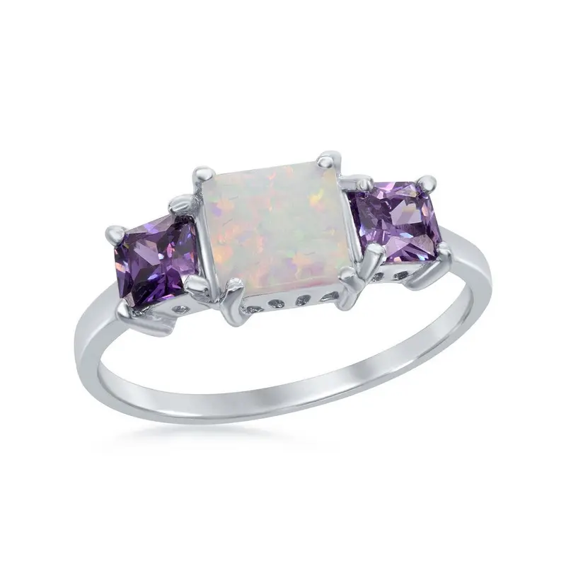 Sterling Silver Four-Prong Triple Square White Inlay Opal w/ Amethyst CZ Ring