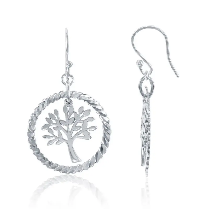 Sterling Silver Open Circle with Center Hanging Tree Earrings