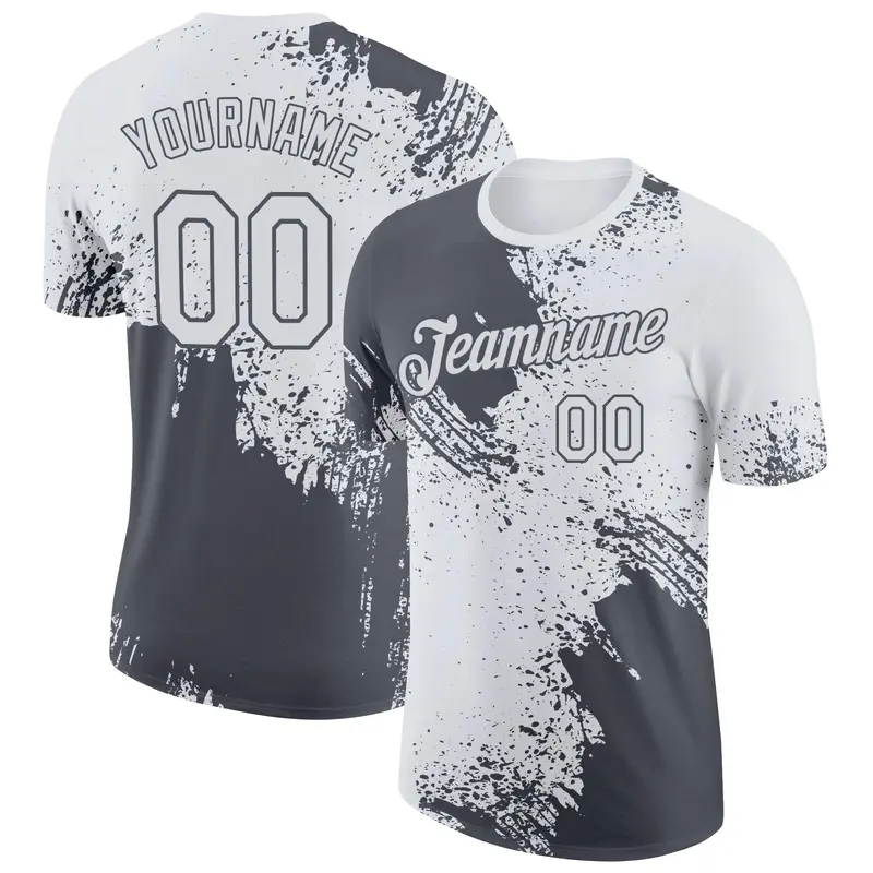 Custom White Steel Gray 3D Pattern Design Abstract Brush Stroke Performance T-Shirt