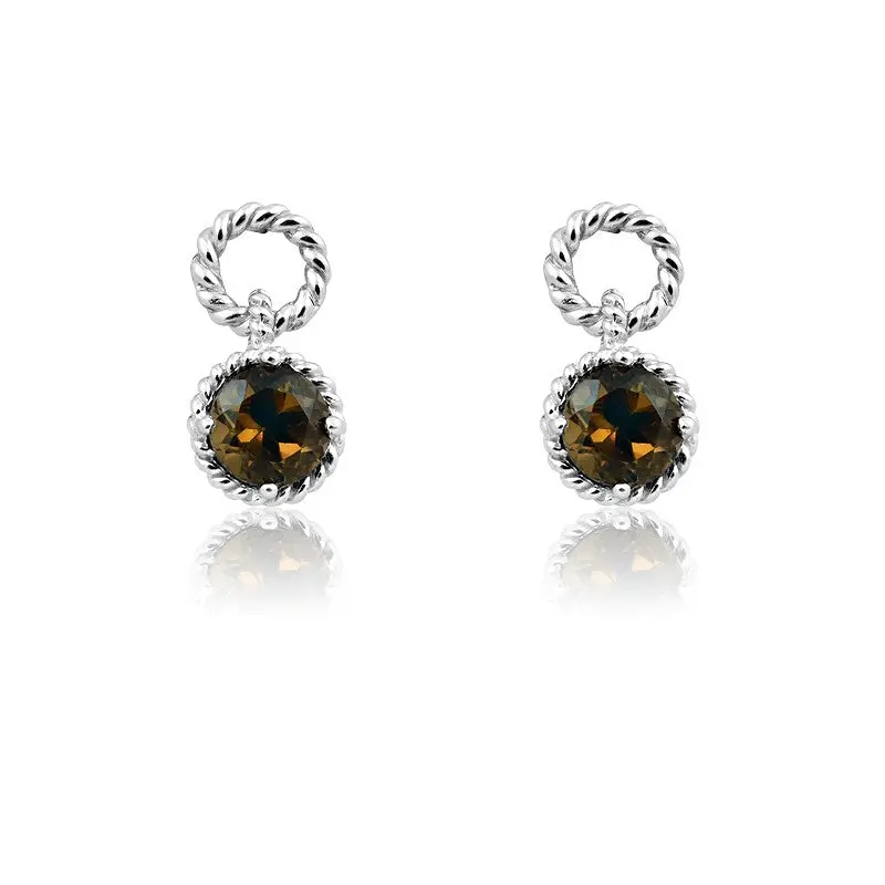 Sterling Silver Round Gem Twisted Wire Earrings - Smoky Topaz