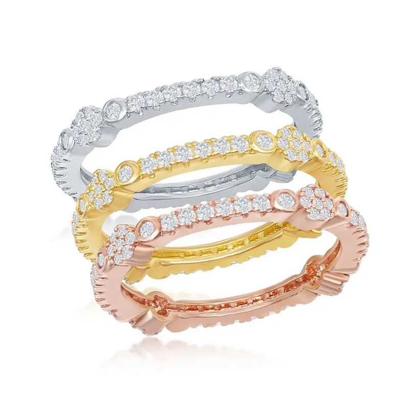 Sterling Silver, Tri-Color CZ Designed Eternity Triple Band Ring