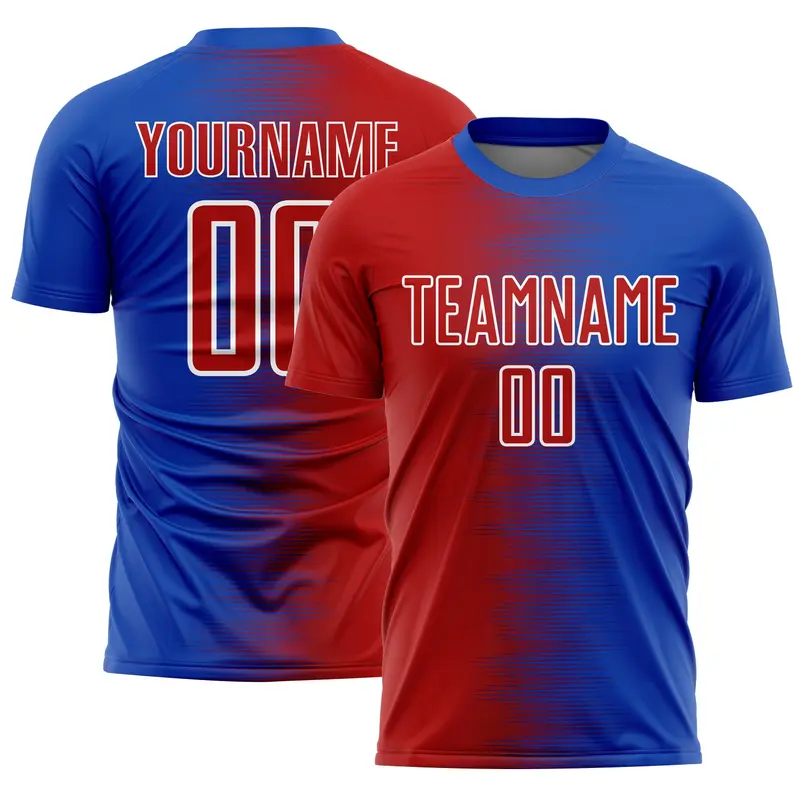 Custom Thunder Blue Red-White Gradient Line Sublimation Soccer Uniform Jersey