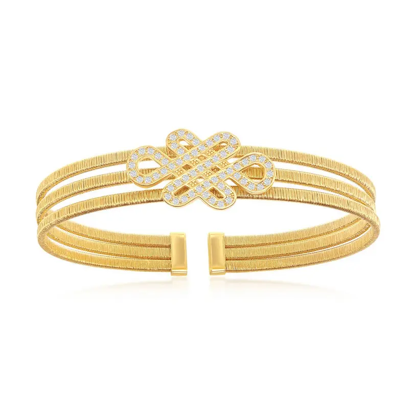 Sterling Silver Intertwined Design Triple Wire Bangle, Bonded with 14K Gold Plating