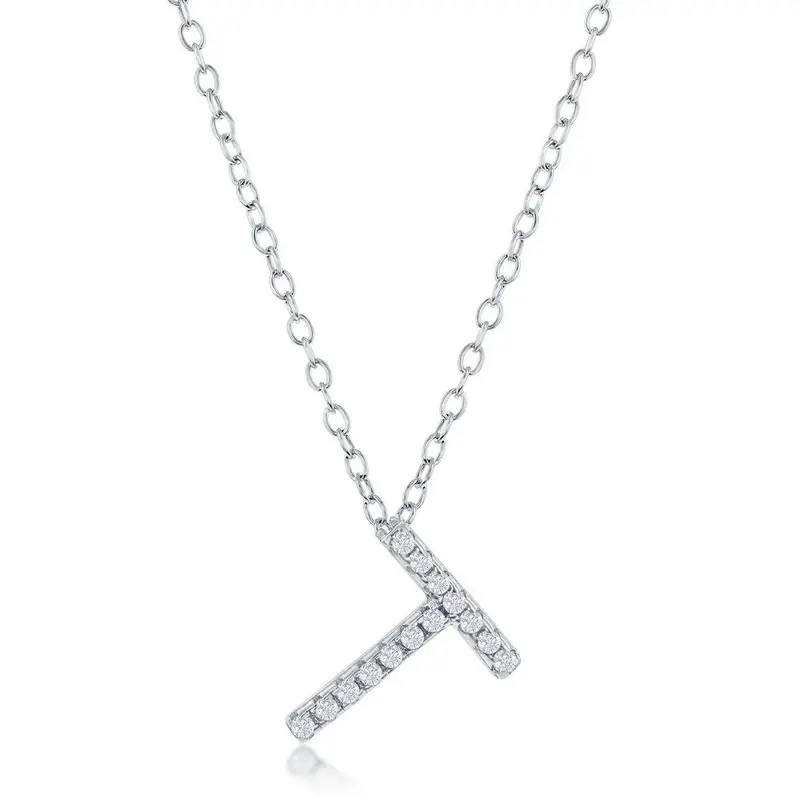 Sterling Silver Micro Pave "T" Pendant Necklace
