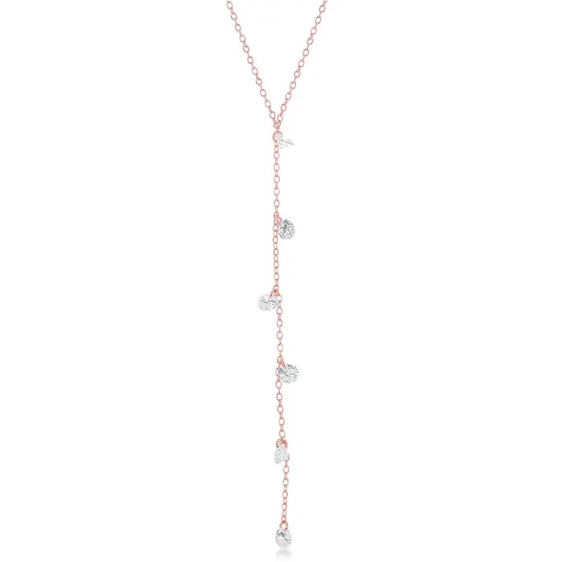 Sterling Silver Hanging CZs Lariat 'Y' Necklace - Rose Gold Plated